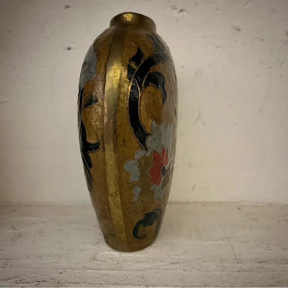 Gorgeous Floral Vase Heavy Enameled Brass Floral Chinese Style